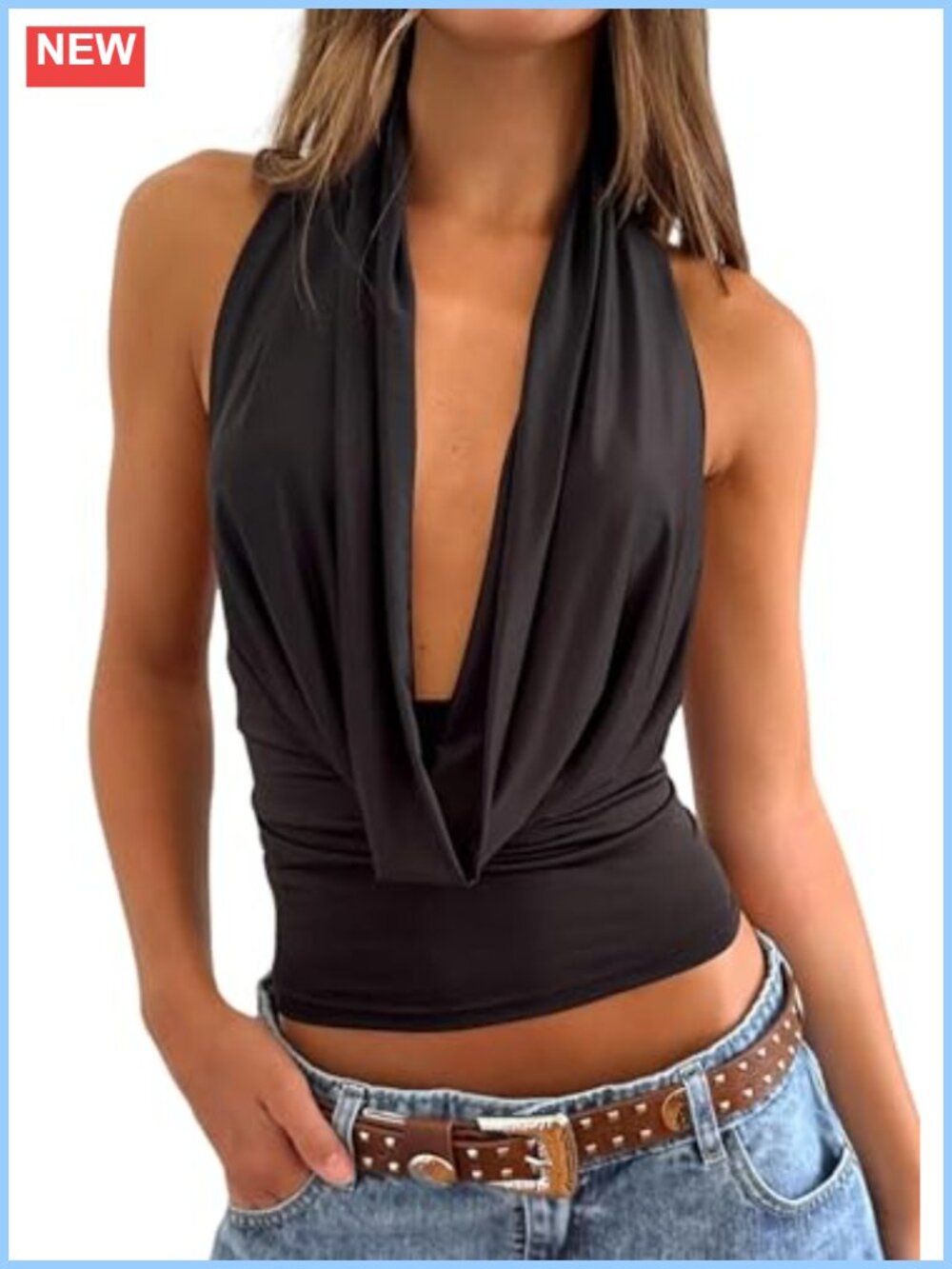 Cowl Neck Halter Tank Top Sleeveless Open Back Ruched Front Y2k